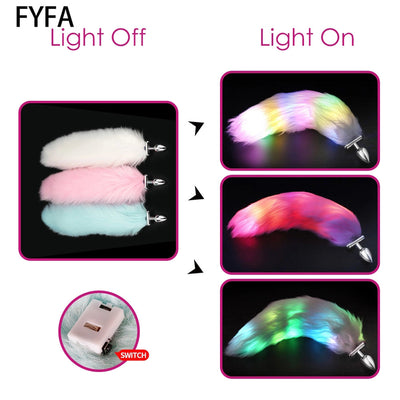 Luminous LED Lighting Metal Silicone Butt Anus Sex Toy Couples Women Cosplay Animal Fox Ass Anal Plug with Tail Anal Fur Tail