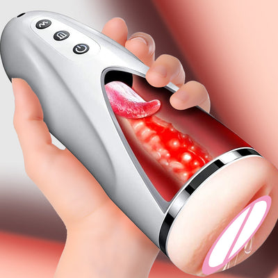 Male Automatic Tongue Licking Masturbation Cup 3D Real Vagina Textured Pussy Bag 18 Vibration Mode Male Sex Machine Toys